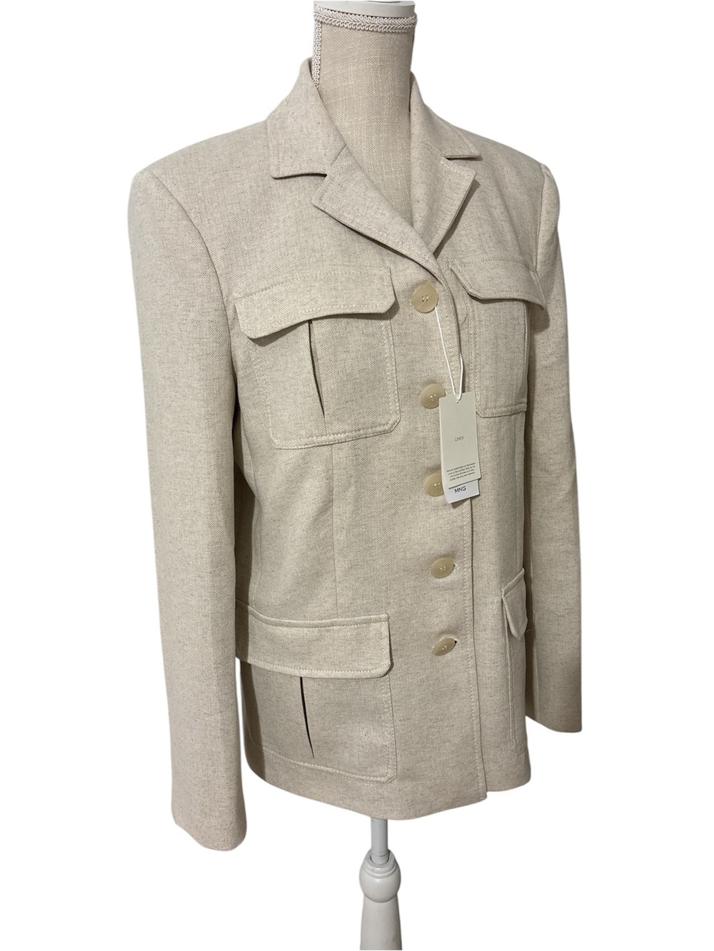 Mango Women's Cream Button-Front Structured Blazer Jacket Sz/L NWT. - Picture 3 of 13
